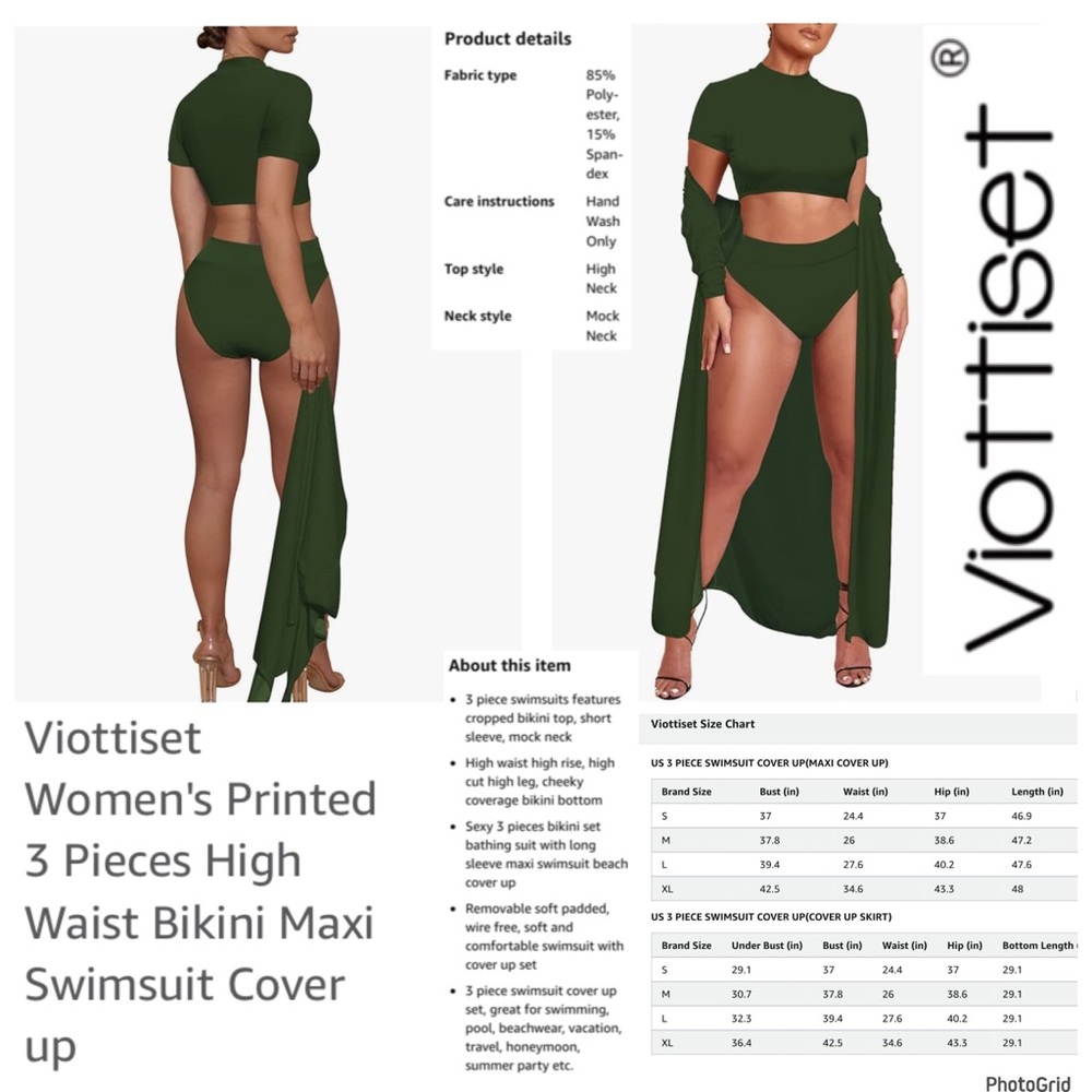 Viottiset xl green bikini three piece and cover up NWOT